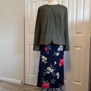 Alfred Dunner Floral Navy Maxi Skirt with Soft Faux Suede Olive Green Jacket
